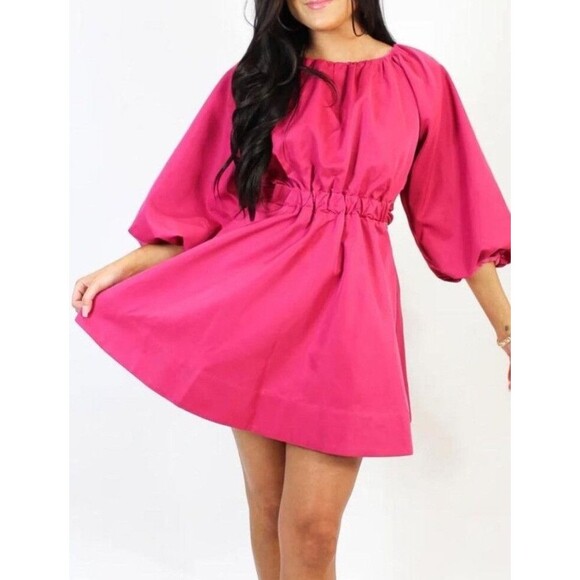 DO+ BE Magenta Open Back‎ Puff Sleeve Fit Flare Mini Dress Women’s Size Small - Picture 1 of 16
